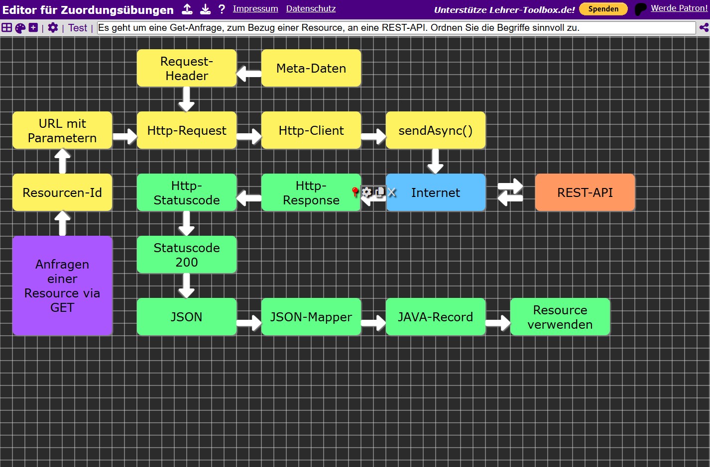 Screenshot des Tools für Zuordnungsaufgaben
